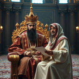 A majestic Persian Shah sitting on an ornate throne, adorned with intricate gold and jewel details, wearing a luxurious traditional robe and a crown that sparkles with gemstones