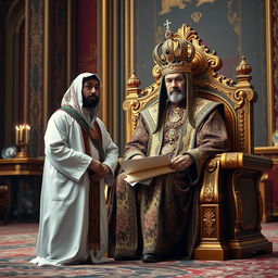 A majestic Persian Shah sitting on an ornate throne, adorned with intricate gold and jewel details, wearing a luxurious traditional robe and a crown that sparkles with gemstones