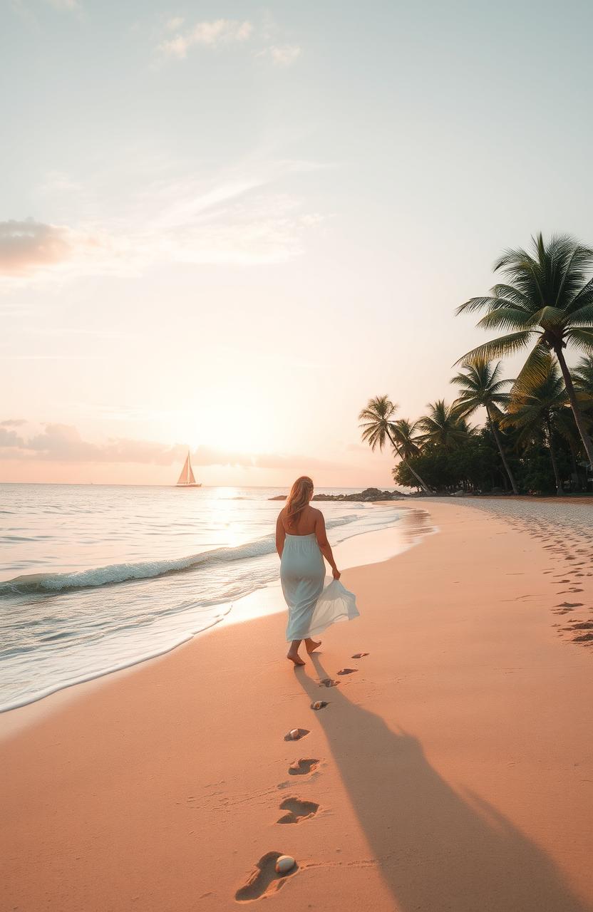 A serene and idyllic beach scene during sunset, with soft pastel colors in the sky reflecting on calm waves