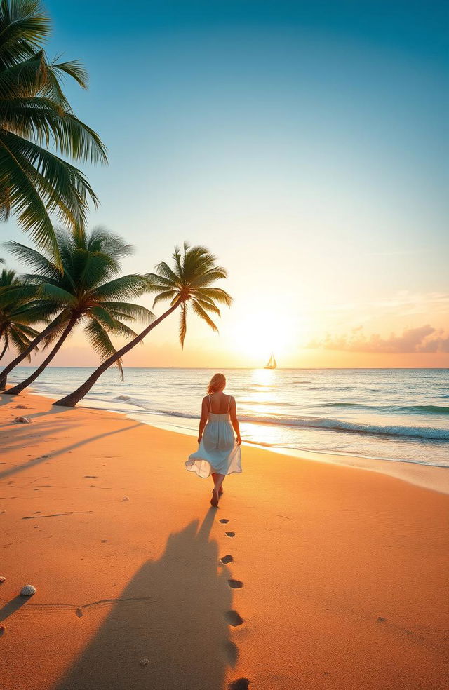 A serene and idyllic beach scene during sunset, with soft pastel colors in the sky reflecting on calm waves