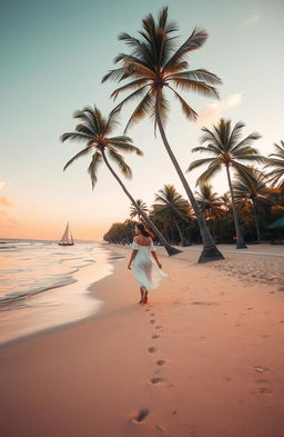 A serene and idyllic beach scene during sunset, with soft pastel colors in the sky reflecting on calm waves