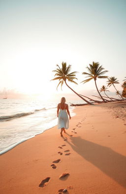 A serene and idyllic beach scene during sunset, with soft pastel colors in the sky reflecting on calm waves