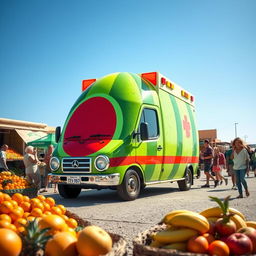 A lively and whimsical scene featuring an ambulance designed to look like a watermelon, complete with vibrant green and striped red colors
