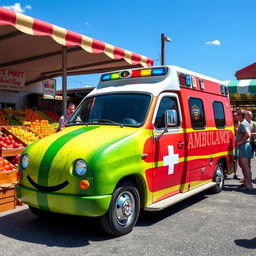 A lively and whimsical scene featuring an ambulance designed to look like a watermelon, complete with vibrant green and striped red colors