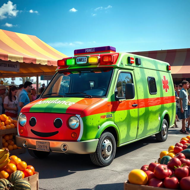 A lively and whimsical scene featuring an ambulance designed to look like a watermelon, complete with vibrant green and striped red colors