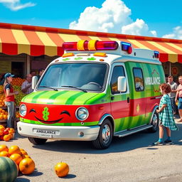 A lively and whimsical scene featuring an ambulance designed to look like a watermelon, complete with vibrant green and striped red colors