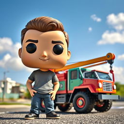A Funko Pop figure of a 40-year-old man, styled with exaggerated features typical of Funko Pop collectibles, standing beside a small, colorful crane truck parked on a street