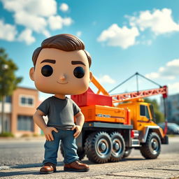 A Funko Pop figure of a 40-year-old man, styled with exaggerated features typical of Funko Pop collectibles, standing beside a small, colorful crane truck parked on a street