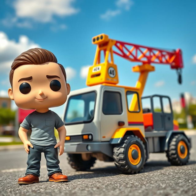 A Funko Pop figure of a 40-year-old man, styled with exaggerated features typical of Funko Pop collectibles, standing beside a small, colorful crane truck parked on a street