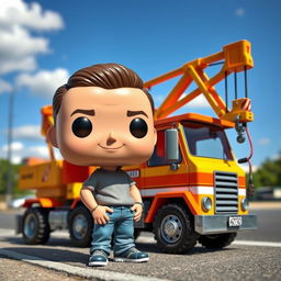A Funko Pop figure of a 40-year-old man, styled with exaggerated features typical of Funko Pop collectibles, standing beside a small, colorful crane truck parked on a street