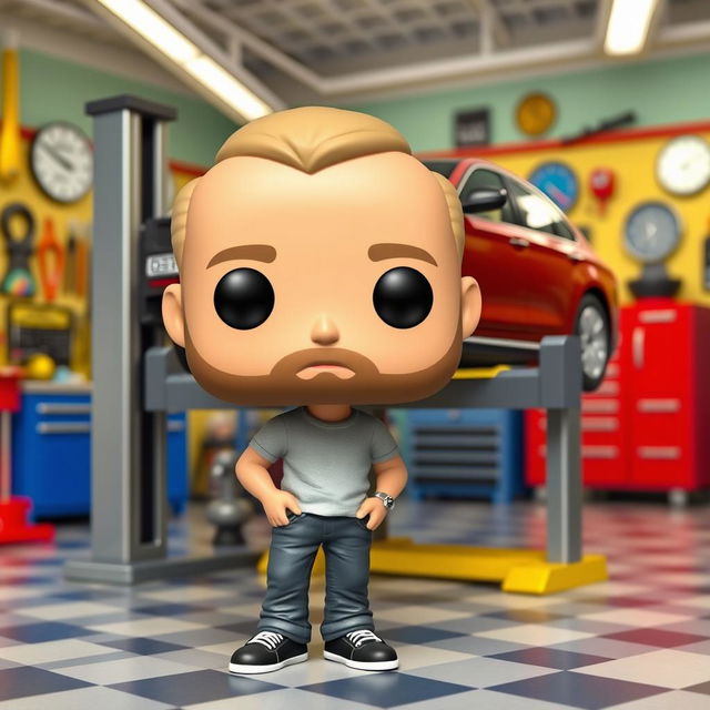 A Funko Pop figure representing a 40-year-old man, designed in a playful and exaggerated cartoon style