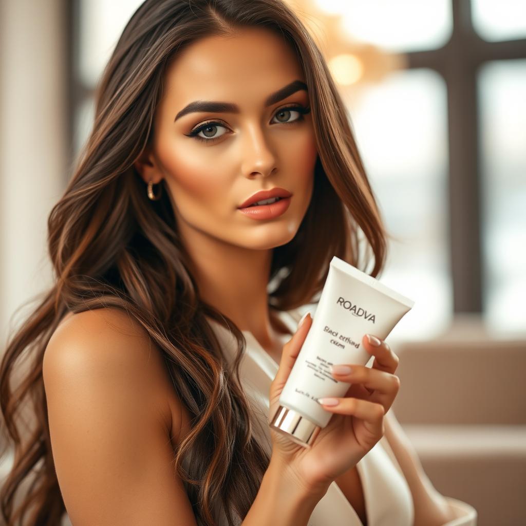 A glamorous female model elegantly holding a tube of cream in her hand, showcasing her flawless skin and sophisticated style