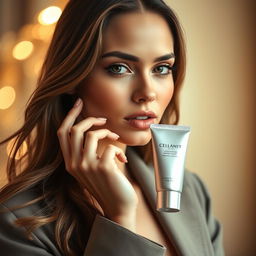 A glamorous female model elegantly holding a tube of cream in her hand, showcasing her flawless skin and sophisticated style