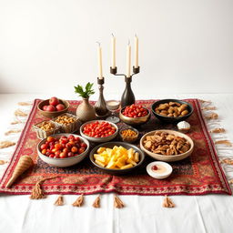 A beautifully arranged Yalda table set on a traditional Persian 'Korsi', blending elements of tradition and modernity