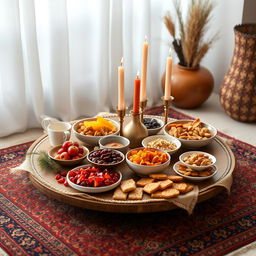 A beautifully arranged Yalda table set on a traditional Persian 'Korsi', blending elements of tradition and modernity