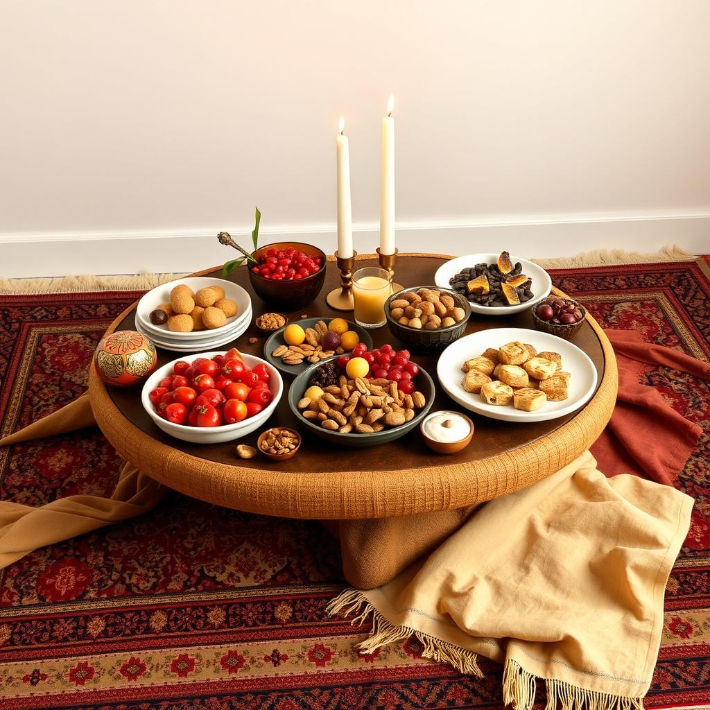 A beautifully arranged Yalda table set on a traditional Persian 'Korsi', blending elements of tradition and modernity