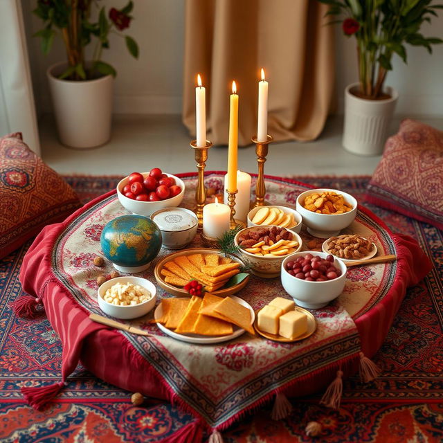 A beautifully arranged Yalda table set on a traditional Persian 'Korsi', blending elements of tradition and modernity