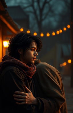 A cinematic and emotionally charged scene depicting Arya, a passionate and sensitive man with big dreams, caught in a romantic journey