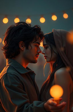 A cinematic and emotionally charged scene depicting Arya, a passionate and sensitive man with big dreams, caught in a romantic journey