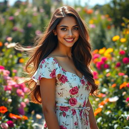A stunning portrait of a confident young woman with striking features and flowing long hair, wearing a stylish summer dress adorned with floral patterns