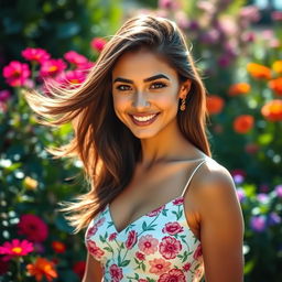 A stunning portrait of a confident young woman with striking features and flowing long hair, wearing a stylish summer dress adorned with floral patterns