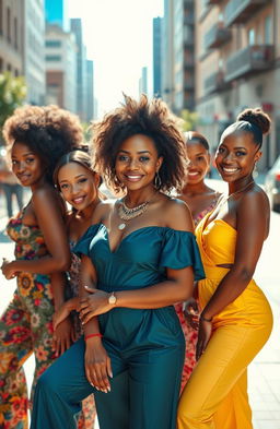 An elegant photo shoot featuring a group of confident black women, showcasing diverse styles and expressions