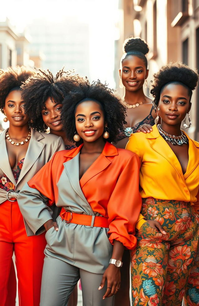 An elegant photo shoot featuring a group of confident black women, showcasing diverse styles and expressions