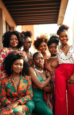 An elegant photo shoot featuring a group of confident black women, showcasing diverse styles and expressions