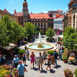A beautiful, lively plaza in a vibrant city, filled with lush greenery and colorful flowers