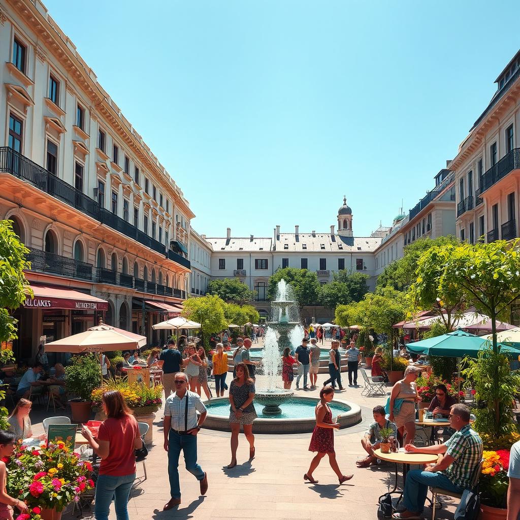 A beautiful, lively plaza in a vibrant city, filled with lush greenery and colorful flowers