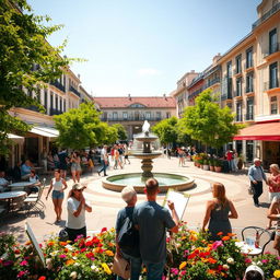 A beautiful, lively plaza in a vibrant city, filled with lush greenery and colorful flowers