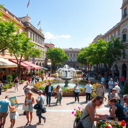 A beautiful, lively plaza in a vibrant city, filled with lush greenery and colorful flowers