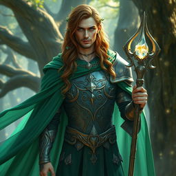 A magnificent fantasy man standing tall in an enchanted forest, wearing a flowing emerald green cloak that shimmers in the sunlight