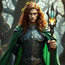 A magnificent fantasy man standing tall in an enchanted forest, wearing a flowing emerald green cloak that shimmers in the sunlight