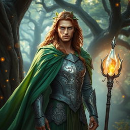 A magnificent fantasy man standing tall in an enchanted forest, wearing a flowing emerald green cloak that shimmers in the sunlight