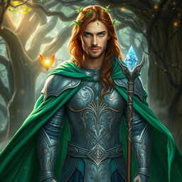 A magnificent fantasy man standing tall in an enchanted forest, wearing a flowing emerald green cloak that shimmers in the sunlight