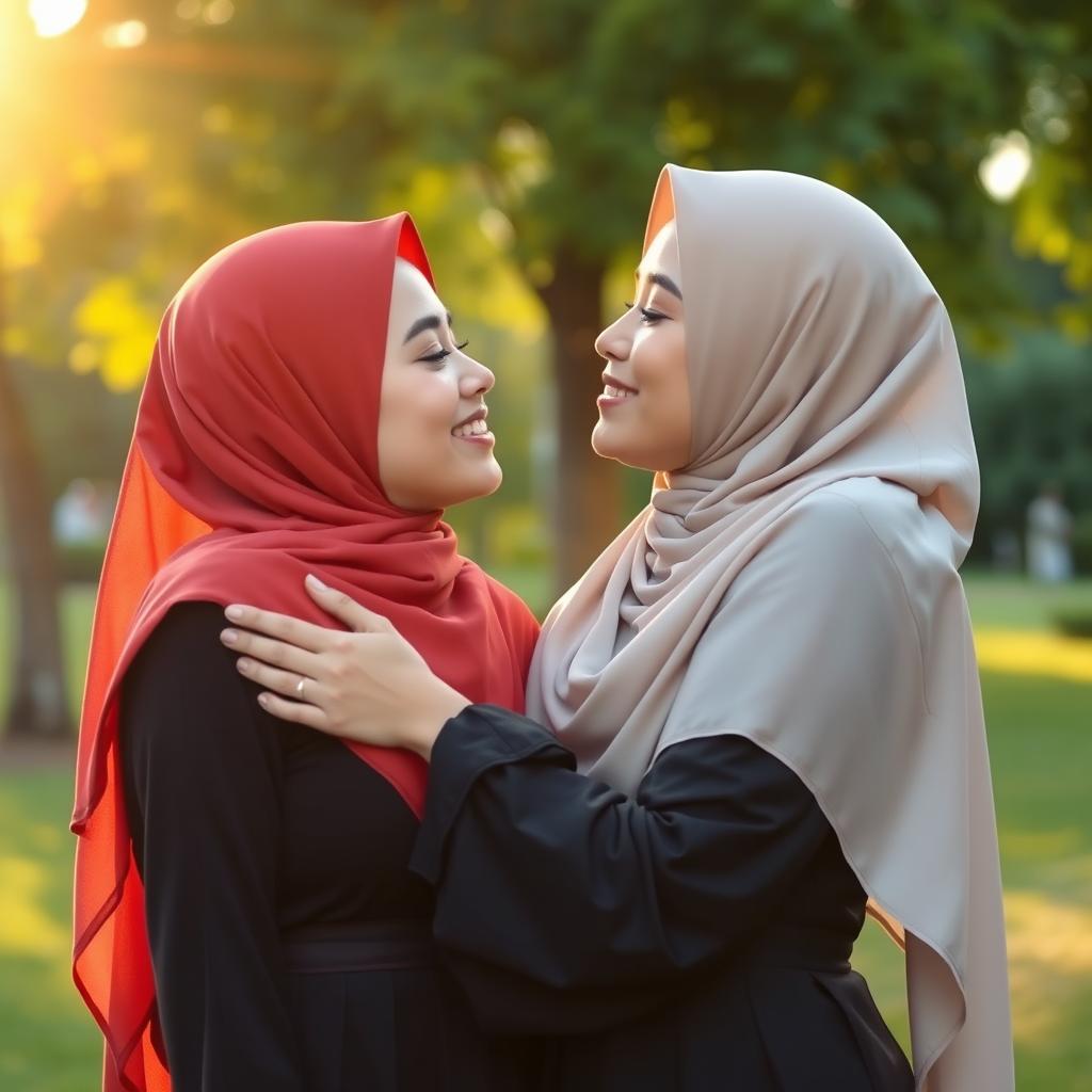 A tender moment between two young Muslim women, showcasing a soft kiss, set in a serene park during the golden hour