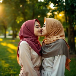 A tender moment between two young Muslim women, showcasing a soft kiss, set in a serene park during the golden hour