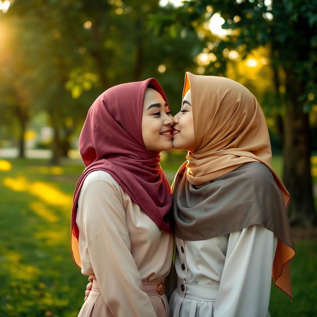 A tender moment between two young Muslim women, showcasing a soft kiss, set in a serene park during the golden hour