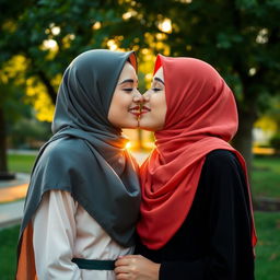 A tender moment between two young Muslim women, showcasing a soft kiss, set in a serene park during the golden hour
