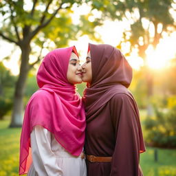 A tender moment between two young Muslim women, showcasing a soft kiss, set in a serene park during the golden hour