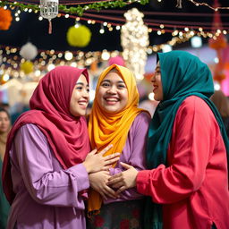 A vibrant and lively festival setting where three young Muslim women, wearing colorful hijabs and modest clothing, embrace in a warm display of friendship