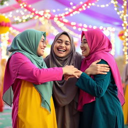 A vibrant and lively festival setting where three young Muslim women, wearing colorful hijabs and modest clothing, embrace in a warm display of friendship