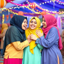 A vibrant and lively festival setting where three young Muslim women, wearing colorful hijabs and modest clothing, embrace in a warm display of friendship