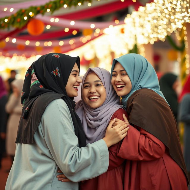 A vibrant and lively festival setting where three young Muslim women, wearing colorful hijabs and modest clothing, embrace in a warm display of friendship