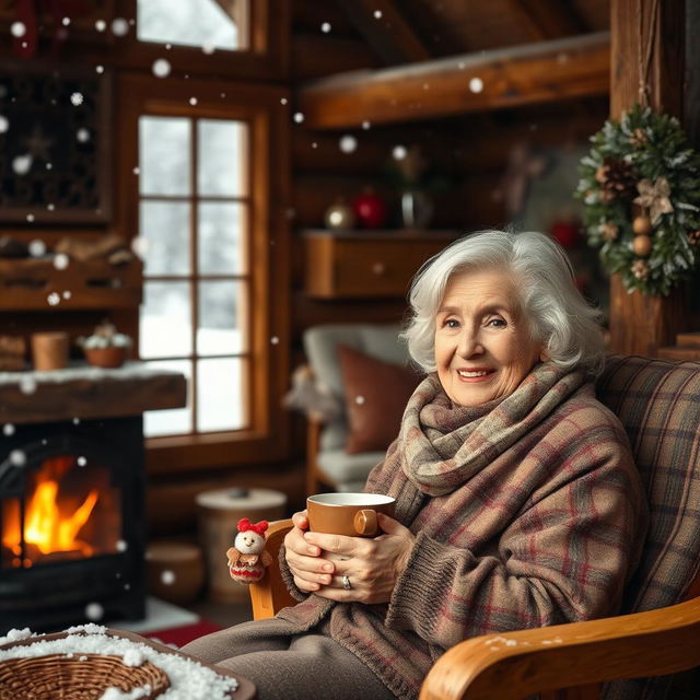 A warm and inviting scene of a kind grandma with white hair, wearing a cozy scarf, sitting comfortably in a charming wooden cottage during winter