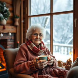 A warm and inviting scene of a kind grandma with white hair, wearing a cozy scarf, sitting comfortably in a charming wooden cottage during winter