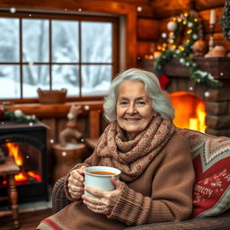 A warm and inviting scene of a kind grandma with white hair, wearing a cozy scarf, sitting comfortably in a charming wooden cottage during winter