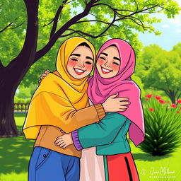 A colorful and vibrant illustration of two Muslim girls playfully embracing each other