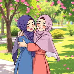 A colorful and vibrant illustration of two Muslim girls playfully embracing each other